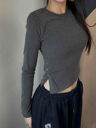 Soft Basic Side Snap Crop Round Neck Long Sleeve Tee