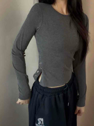 Soft Basic Side Snap Crop Round Neck Long Sleeve Tee