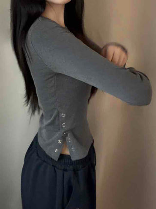 Soft Basic Side Snap Crop Round Neck Long Sleeve Tee