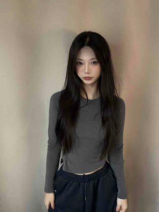 Soft Basic Side Snap Crop Round Neck Long Sleeve Tee