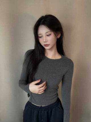 Soft Basic Side Snap Crop Round Neck Long Sleeve Tee