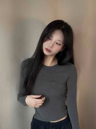 Soft Basic Side Snap Crop Round Neck Long Sleeve Tee