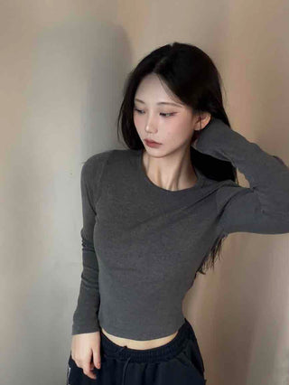 Soft Basic Side Snap Crop Round Neck Long Sleeve Tee