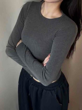 Soft Basic Side Snap Crop Round Neck Long Sleeve Tee