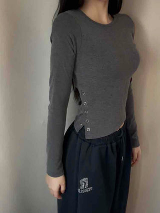 Soft Basic Side Snap Crop Round Neck Long Sleeve Tee