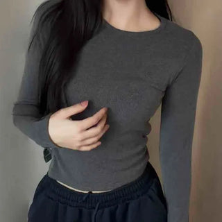 Soft Basic Side Snap Crop Round Neck Long Sleeve Tee