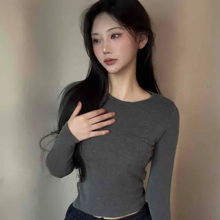 Soft Basic Side Snap Crop Round Neck Long Sleeve Tee