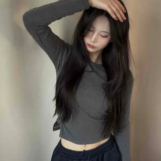 Soft Basic Side Snap Crop Round Neck Long Sleeve Tee