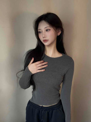 Soft Basic Side Snap Crop Round Neck Long Sleeve Tee