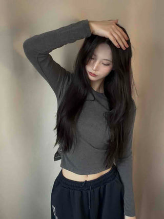 Soft Basic Side Snap Crop Round Neck Long Sleeve Tee