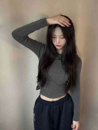 Soft Basic Side Snap Crop Round Neck Long Sleeve Tee