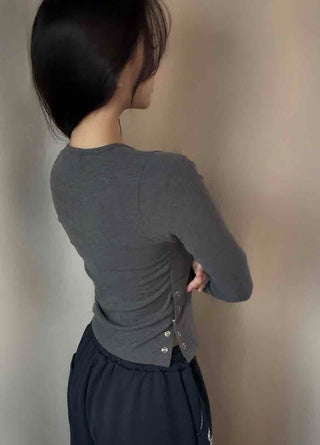 Soft Basic Side Snap Crop Round Neck Long Sleeve Tee