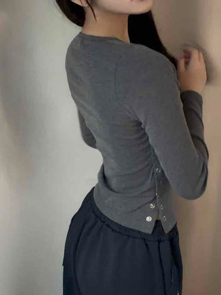 Soft Basic Side Snap Crop Round Neck Long Sleeve Tee