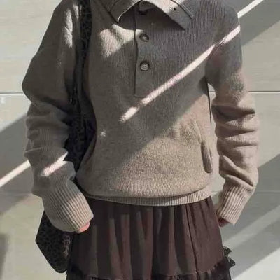 Retro Half Button Oversized High Neck Collar Wool Knit