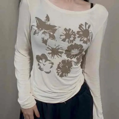 Natural Flower Print Boat Neck Slim Long Sleeve Tee