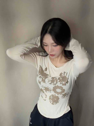 Natural Flower Print Boat Neck Slim Long Sleeve Tee