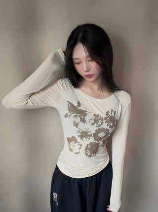 Natural Flower Print Boat Neck Slim Long Sleeve Tee