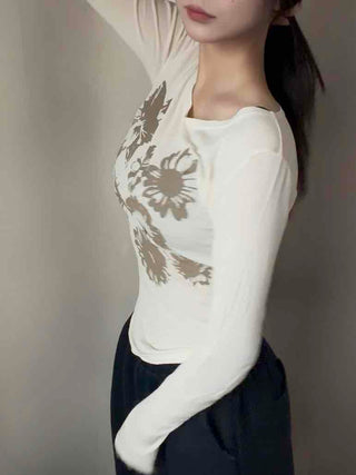 Natural Flower Print Boat Neck Slim Long Sleeve Tee