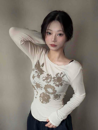 Natural Flower Print Boat Neck Slim Long Sleeve Tee