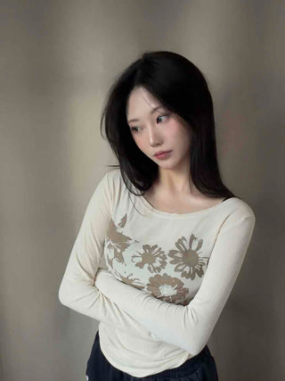 Natural Flower Print Boat Neck Slim Long Sleeve Tee