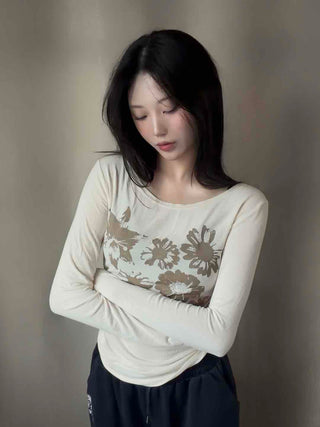 Natural Flower Print Boat Neck Slim Long Sleeve Tee
