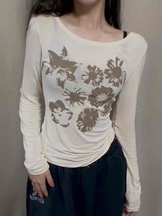 Natural Flower Print Boat Neck Slim Long Sleeve Tee
