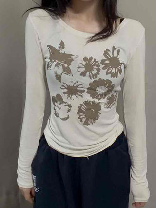 Natural Flower Print Boat Neck Slim Long Sleeve Tee