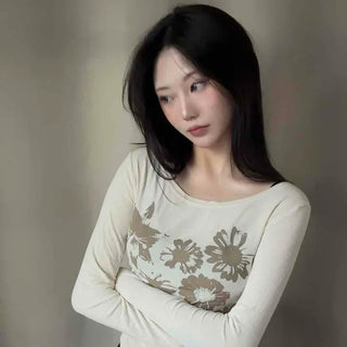 Natural Flower Print Boat Neck Slim Long Sleeve Tee