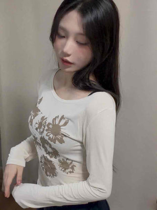 Natural Flower Print Boat Neck Slim Long Sleeve Tee