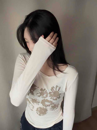 Natural Flower Print Boat Neck Slim Long Sleeve Tee