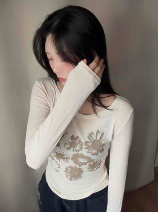 Natural Flower Print Boat Neck Slim Long Sleeve Tee
