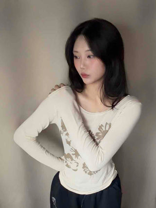 Natural Flower Print Boat Neck Slim Long Sleeve Tee
