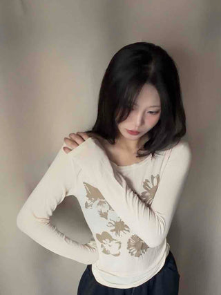 Natural Flower Print Boat Neck Slim Long Sleeve Tee