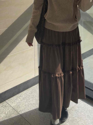Lace Frill Flare Elastic Waist Long Tiered Skirt