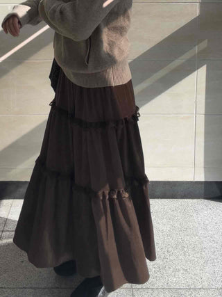 Lace Frill Flare Elastic Waist Long Tiered Skirt