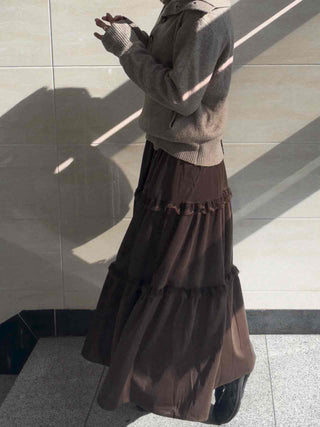 Lace Frill Flare Elastic Waist Long Tiered Skirt