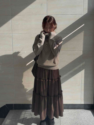 Lace Frill Flare Elastic Waist Long Tiered Skirt