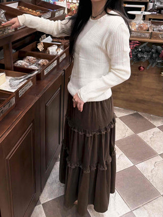 Lace Frill Flare Elastic Waist Long Tiered Skirt