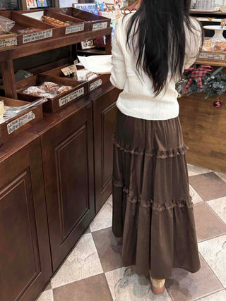 Lace Frill Flare Elastic Waist Long Tiered Skirt