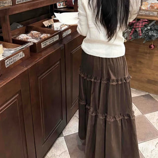 Lace Frill Flare Elastic Waist Long Tiered Skirt
