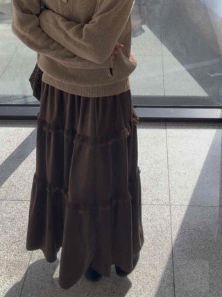 Lace Frill Flare Elastic Waist Long Tiered Skirt