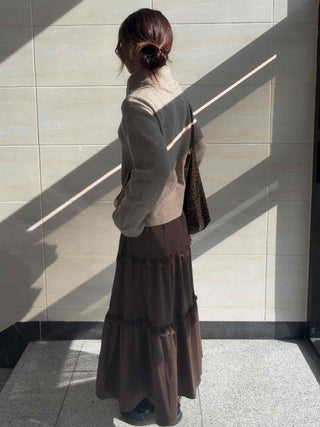 Lace Frill Flare Elastic Waist Long Tiered Skirt