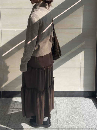Lace Frill Flare Elastic Waist Long Tiered Skirt