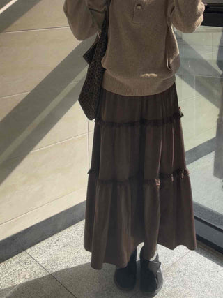 Lace Frill Flare Elastic Waist Long Tiered Skirt