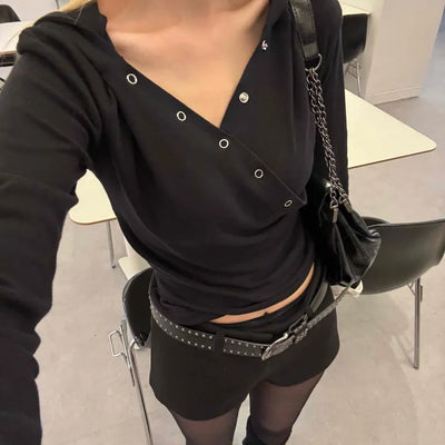 Loose Fit Long Sleeve Hoodie with Cross Snap Button Detail