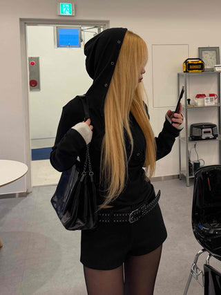 Loose Fit Long Sleeve Hoodie with Cross Snap Button Detail