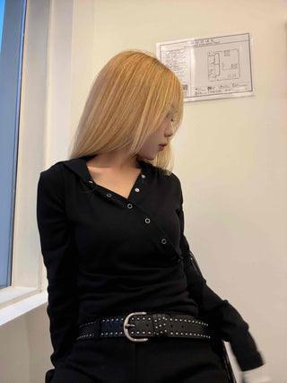 Loose Fit Long Sleeve Hoodie with Cross Snap Button Detail