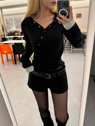 Loose Fit Long Sleeve Hoodie with Cross Snap Button Detail