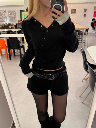 Loose Fit Long Sleeve Hoodie with Cross Snap Button Detail