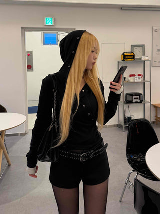 Loose Fit Long Sleeve Hoodie with Cross Snap Button Detail